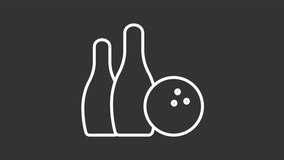 Animated bowling equipment white icon. Ball sport line animation. Outdoor activity, competition. Recreational hobby. Isolated illustration on dark background. Transition alpha video. Motion graphic