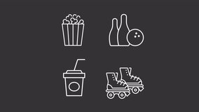 Animated outdoor entertainment icons. Shopping center activities line animation library. Movie food, sport hobby. Isolated illustrations on dark background. Transition alpha. HD video. Icon pack