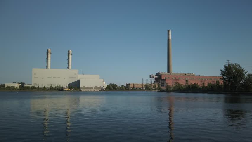 The old Hearn Generating Station juxtaposed with the newer Portlands Energy Centre in Toronto
