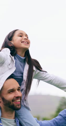 Family, park and child on shoulders of father for bonding, relationship and flying outdoors. Nature, happy and dad playing with girl on holiday, vacation and weekend for relaxing, fun and adventure Royalty-Free Stock Footage #3457152263