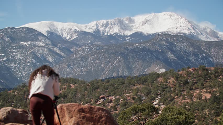 Nature Photographer Taking Photo Of Famous Pikes Peak In Colorado Springs, Colorado. medium shot, static