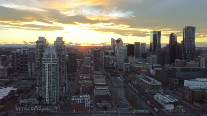 Aerial of Downtown Calgary, Canada at sunset.