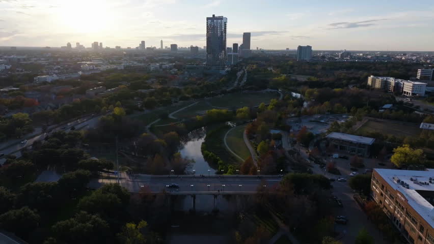 Aerial view over the Tinsley Park and Buffalo Bayou, sunset in Houston, USA