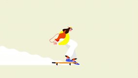 Animation of person on skateboard with pen tool cutting out rectangle on yellow background. Sports, publishing and page layout concept digitally generated video.
