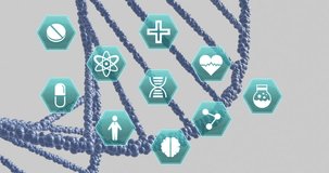Animation of medical icons over dna on grey background. Connection, science, medical research, healthcare, digital interface and communication, digitally generated video.