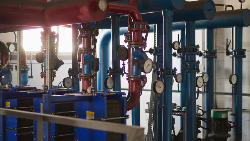 Complicated pipeline system and powerful pumps in boiler house. Heat producing equipment installed in modern building. Central heating utilities Royalty-Free Stock Footage #3457202677