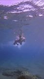 Boy in a mask and fins swims on the surface of blue water on bright sunny day in sunrays, Slow motion, Mediterranean Sea