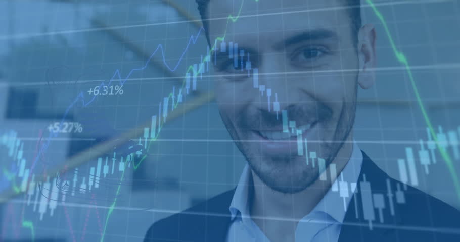 Animation of chart and data processing over happy caucasian bsuinessman using smartphone. Connection, business, data, network, digital interface and communication, digitally generated video.