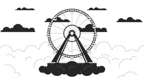 Ferris wheel spinning dreamy clouds bw lo fi animated background. Fairground heaven cloudscape 80s retro lofi wallpaper cartoon animation. Amusement ride monochrome chill 4K video motion graphic
