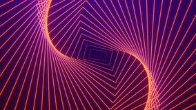 Circular movement of abstract glowing royal rectangle on dark background. Flowing elegant lines of neon orange red color. 4k 60 fps video loop. 