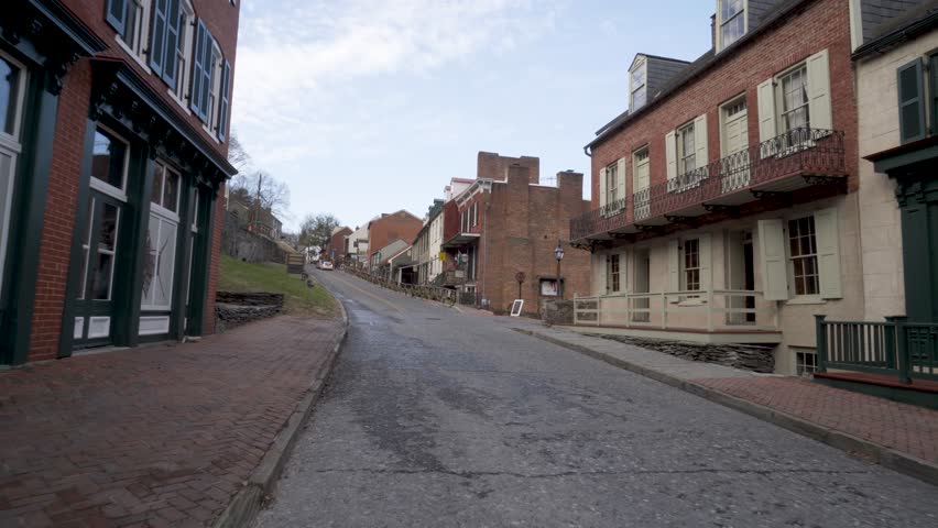 Street scene motion of old historic buildings at Harpers Ferry National Park in West Virginia.