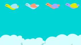 Blue sky with clouds and flying birds animation with blank space for children video