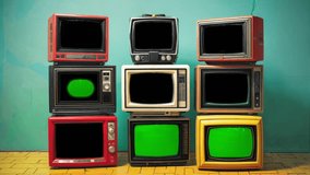 Classic Televisions with Green Screen Effect on a Teal Wall