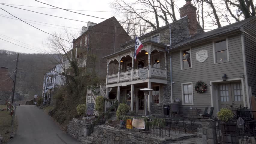 Street scene motion of Town’s Inn and old historic buildings at Harpers Ferry National Park in West Virginia.
