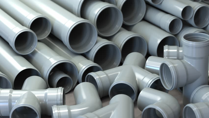PVC plastic pipes and tubes for sewage systems in warehouse. 3d animation