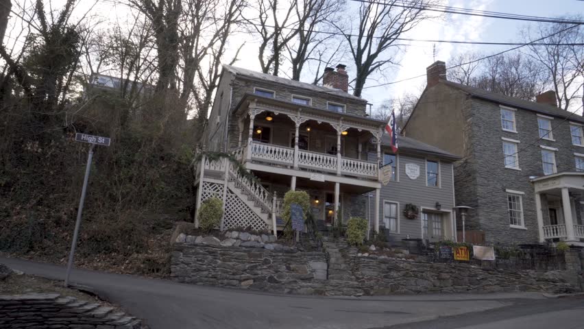 Street scene motion of Town’s Inn and old historic buildings at Harpers Ferry National Park in West Virginia.