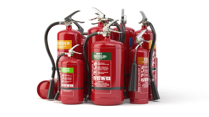 Fire extinguishers isolated on white background. Various types of extinguishers. 3d animation Royalty-Free Stock Footage #3457292499