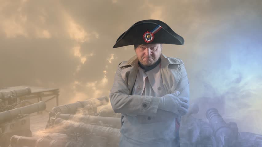 Napoleon Bonaparte, military leader of the 18th century shows a forward gesture on battlefield 