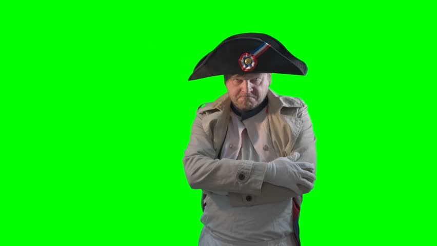 Napoleon Bonaparte, military leader of the 18th century shows a forward gesture on green 