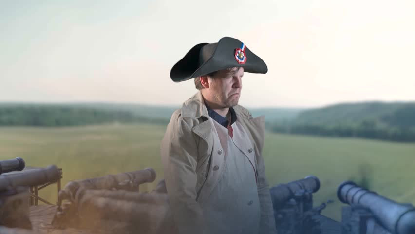 Napoleon Bonaparte, military leader of the 18th century shows a forward gesture on battlefield