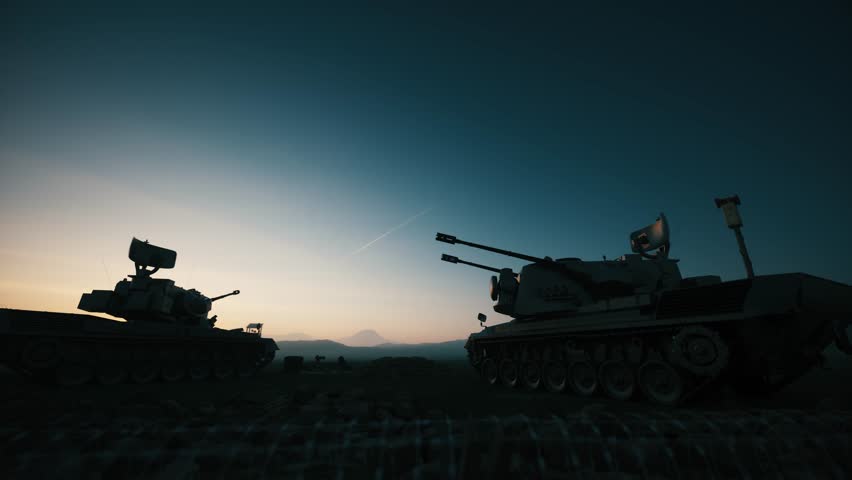 Air defense system at sunset. Mobile air defence with radar. Gepard PRTL