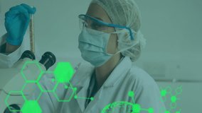 Animation of scientific data processing over caucasian female scientist in laboratory. Global science, connections, computing and data processing concept digitally generated video. - Powered by Shutterstock - Get 15% off with code: PIKWIZARD15