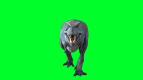 A 3D model of a T-Rex dinosaur with an open mouth, walking toward the camera. The background is a Green screen.