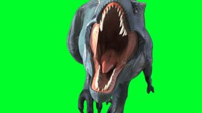 A 3D model of a T-Rex dinosaur with an open mouth, walking toward the camera. The background is a Green screen. - Powered by Shutterstock - Get 15% off with code: PIKWIZARD15