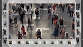 Computer Vision with Facial Recognition Scanner Looking for Suspect. Big Data. Security Camera Surveillance Footage Anonymous Crowd of People in Airport or Train Station. Artificial Intelligence. - Powered by Shutterstock - Get 15% off with code: PIKWIZARD15
