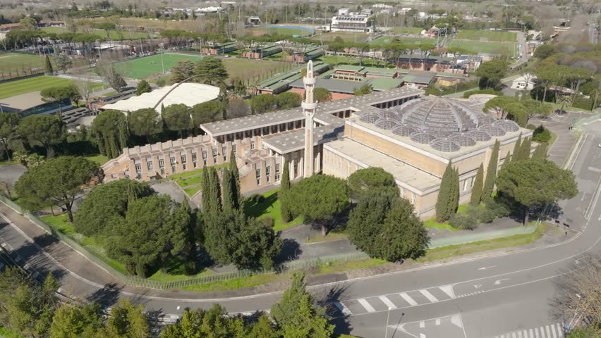 Aerial view of the Mosque of Rome, the largest mosque in the Western world. It is the seat of the Italian Islamic Cultural Centre and it