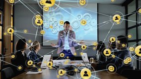 Animation of network of connections with icons over diverse business people in office. Global finance, business, connections, computing and data processing concept digitally generated video. - Powered by Shutterstock - Get 15% off with code: PIKWIZARD15