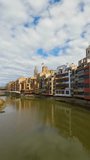 Vertical video of the city of Girona Timelapse copy Space Medieval city, European tourism