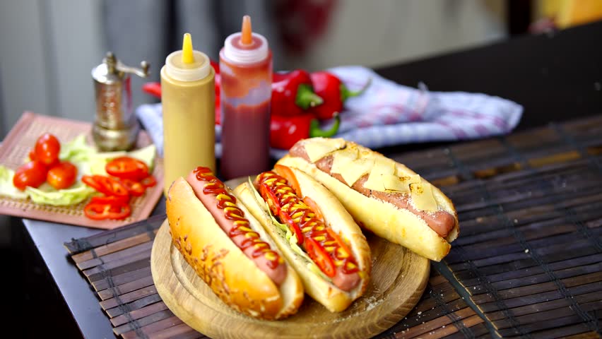 Hot Dog Served Mustard And Ketchup. American Fast Food. Tasty Hot Dog With Grilled Sausage. Appetizing Street Food. Grilled Sausage Hot dog Junk Food. Adding Ketchup And Mustard To Tasty Hot Dog Meat Royalty-Free Stock Footage #3457493065