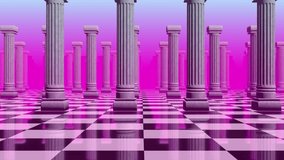 Aesthetic landscape with colonnade of white pillars with surreal black and white checkered floor. 90s or 80s styled vaporwave background with pastel pink and blue sunset colors. Eighties vinrage style - Powered by Shutterstock - Get 15% off with code: PIKWIZARD15