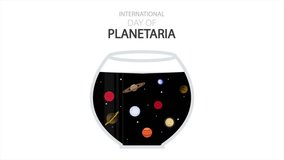Planetarium Day International planets in space, art video illustration.