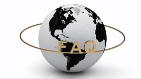 FAQ on a gold ring rotates around the earth on a white background