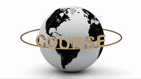 Course on a gold ring rotates around the earth on a white background