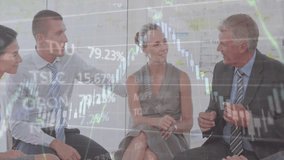 Animation of stock market and diagrams over caucasian business people at meeting. Global business, teamwork and digital interface concept digitally generated video. - Powered by Shutterstock - Get 15% off with code: PIKWIZARD15