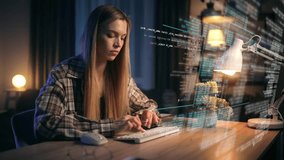 Portrait of Female Digital Entrepreneur Working on Computer. Line of Code Projected on His Face and Reflecting. App developer looking at hologram of machine learning data algorithm - Powered by Shutterstock - Get 15% off with code: PIKWIZARD15
