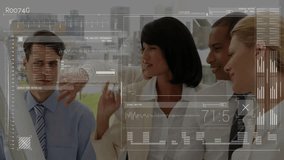 Animation of data processing and diagrams over diverse colleagues discussing work. Global business, teamwork and digital interface concept digitally generated video. - Powered by Shutterstock - Get 15% off with code: PIKWIZARD15