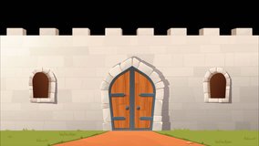 Opening gate with green chromakey. Moving banner with opening wooden castle doors. Design element for intro video clip or presentation. Cartoon flat animated graphics with alpha channel