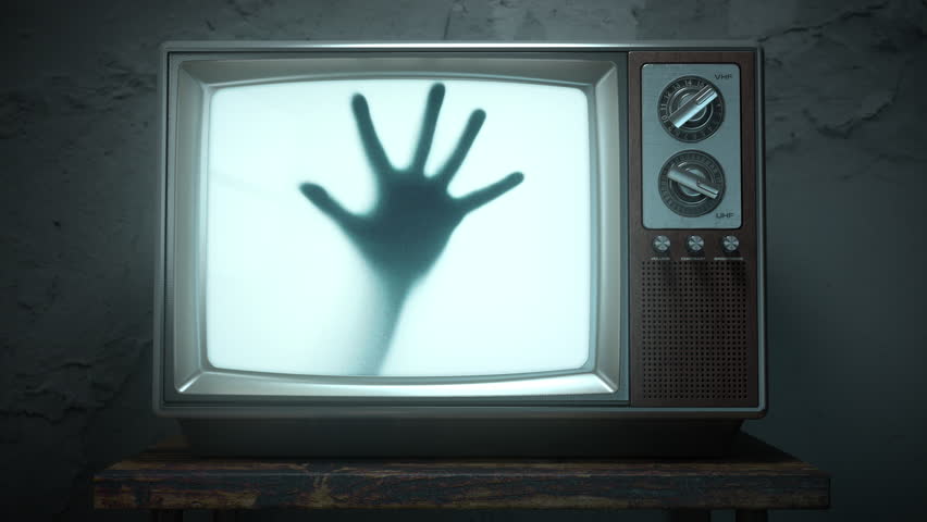 Horror scary movie concept. Hand of ghost on screen of vintage tv. 3d animation