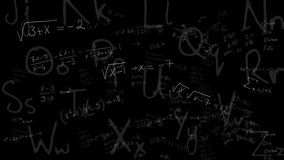 Animation of mathematical equations and diagram on black background. Global education and digital interface concept digitally generated video.
