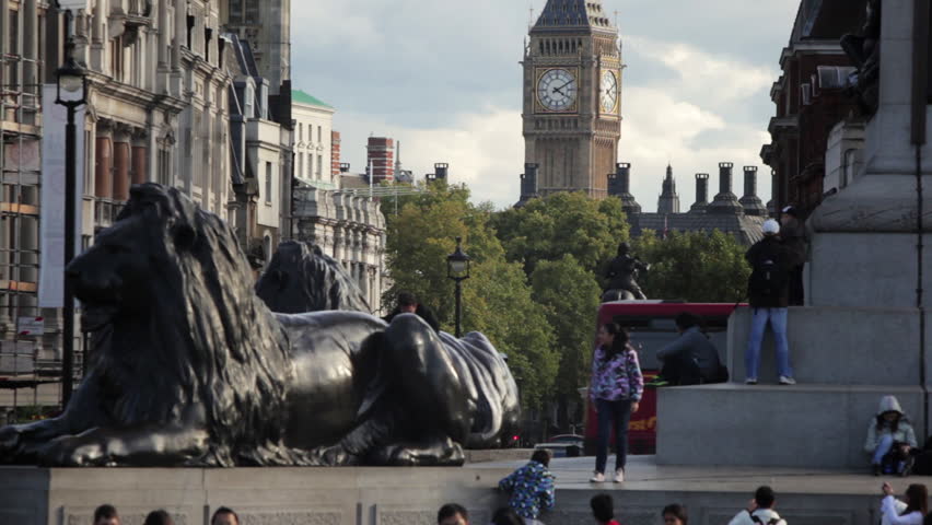 LONDON - OCTOBER 7, 2011: Nelson's lions and Big Ben 