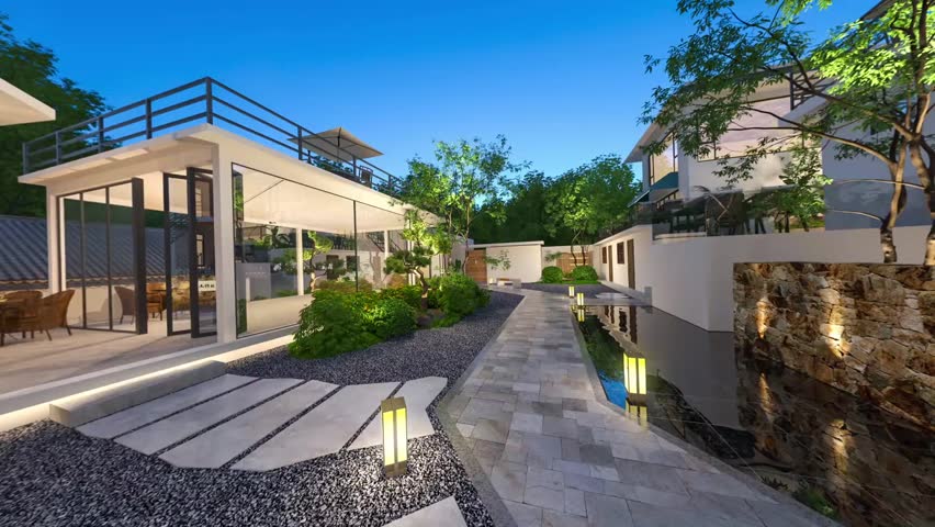 Backyard Patio Scene - 3D Render - Panoramic View
