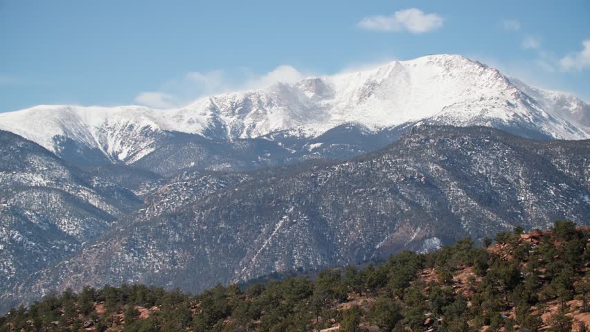 Snow-covered Pikes Peak Of The Rocky Mountains On Sunny Day In Colorado, USA. timelapse