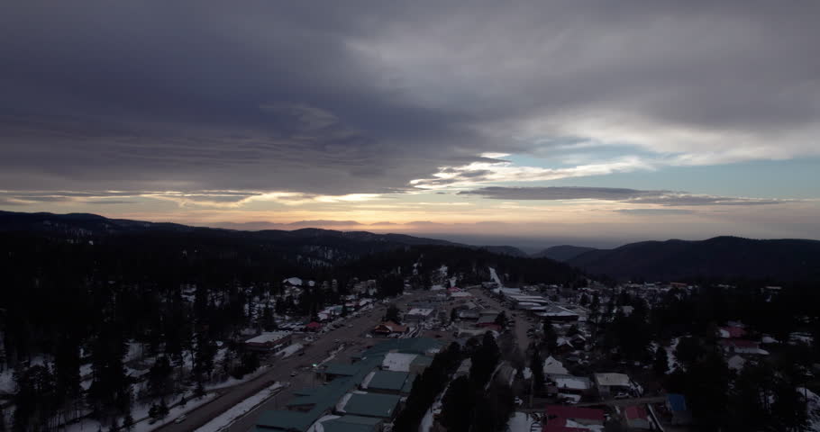 Aerial drone shot of Cloudcroft, New Mexico at sunset