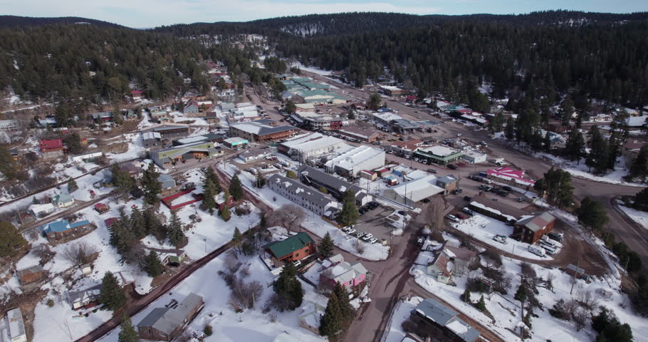 Aerial drone shot of Cloudcroft, New Mexico Main Street wide shot