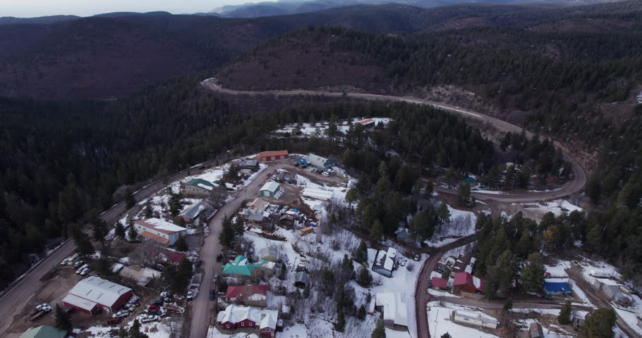 Aerial drone shot of Cloudcroft, New Mexico Main Street, wide high angle