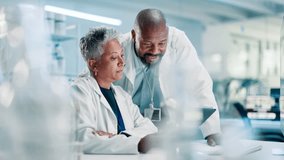 Advice, people and medical research with tablet, healthcare and teamwork with innovation and experiment. Online lab report for results, science or digital app for chemistry work or studying infection - Powered by Shutterstock - Get 15% off with code: PIKWIZARD15